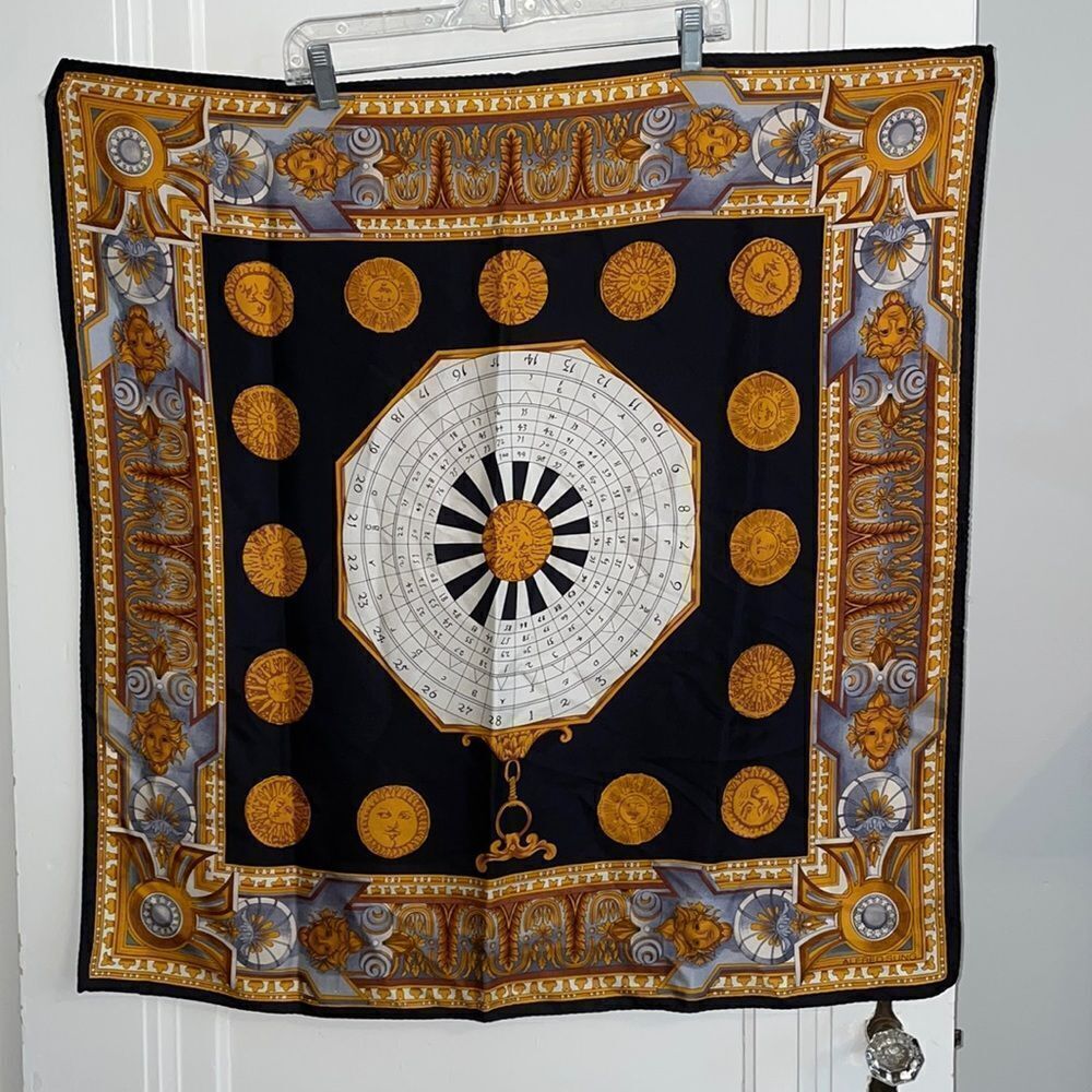 Vtg Alfred Sung black, gold, gray & white silk sun‎ astrology large square scarf